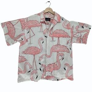 VTG 90s Cactus Club Los Angeles Pink Flamingo Allover Print Button-Up Shirt Sz M